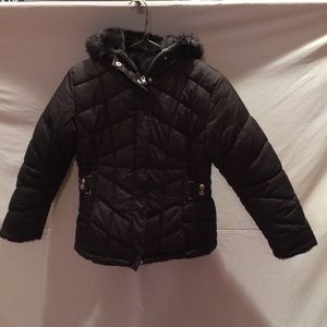 Girls black coat size 14/Large - furry inside